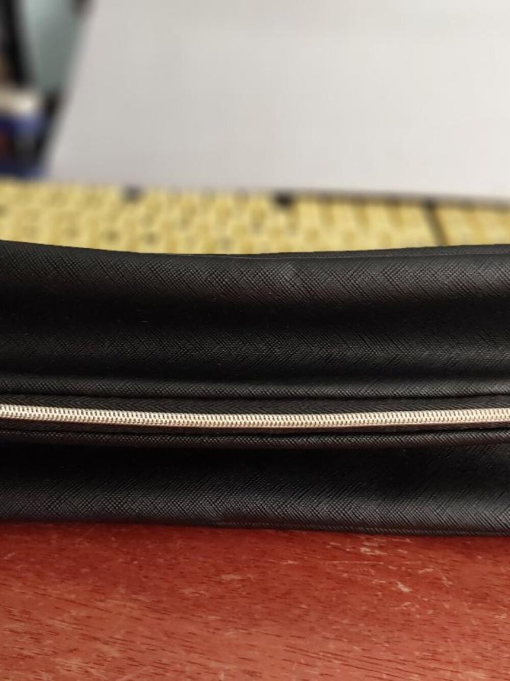 NEW ! Black Structured Cosmetic Pouch W Textured Finish Polished Zipper Closure